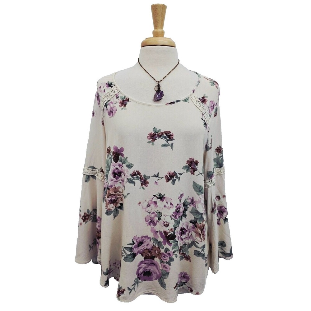 Jennie & Marlis Floralβ Bell Sleeve Blouse Ivory Purple Lace Trim 1X Boho Fairy